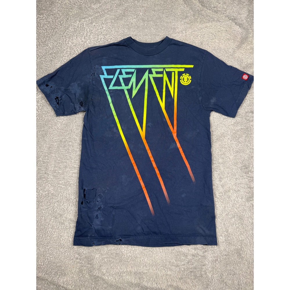 Element Graphic T-Shirt Mens Small Navy Blue Y2K Distressed Rainbow Skate Tee
